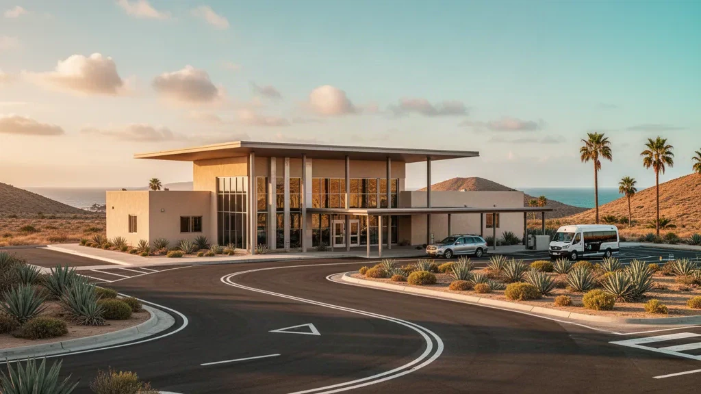 Modernes Regionalflughafen-Terminal und geschwungene Vorfahrtspur bei Ensenada, Baja California, zur goldenen Stunde mit trockenen Küstenhügeln
