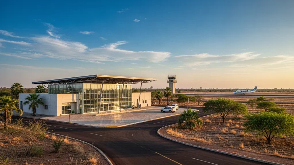 Terminal moderna y carril de descenso en el Aeropuerto Internacional Dr. Luis María Argaña en Mariscal Estigarribia, Paraguay, bajo la cálida luz del sol del Chaco.