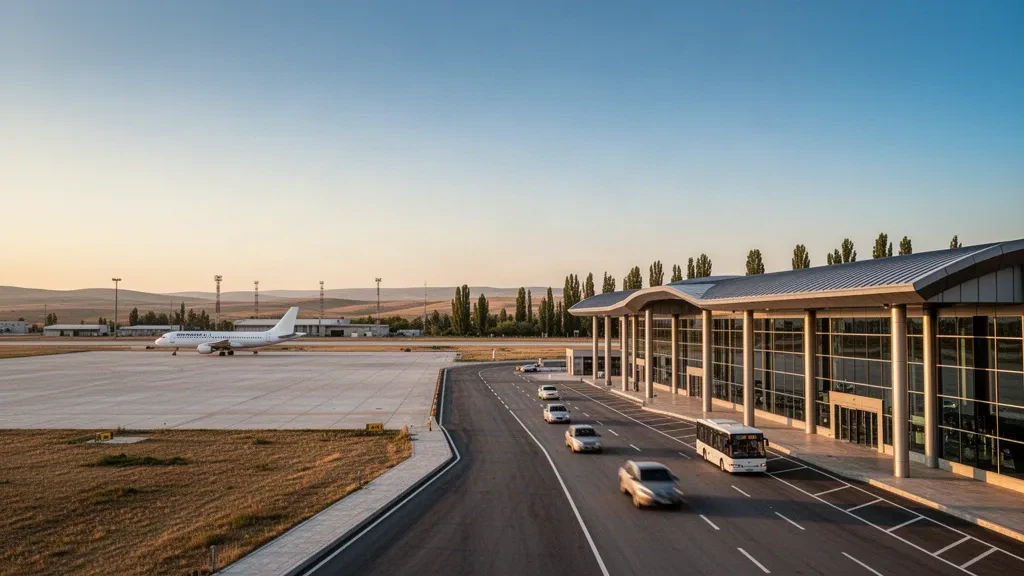 Modernes Glasterminal und Vorfahrtsbereich am Flughafen Eskişehir Hasan Polatkan im warmen Licht der goldenen Stunde in Zentralanatolien