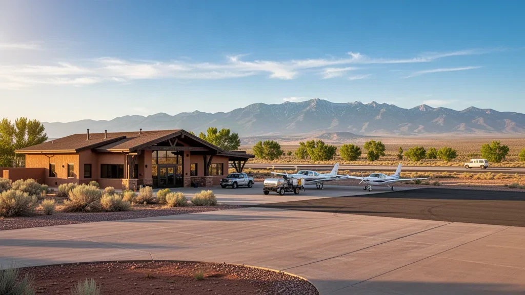 Small general aviation terminal and runway at Ohkay Owingeh Airport in New Mexico's high desert, framed by distant mesas at golden hour