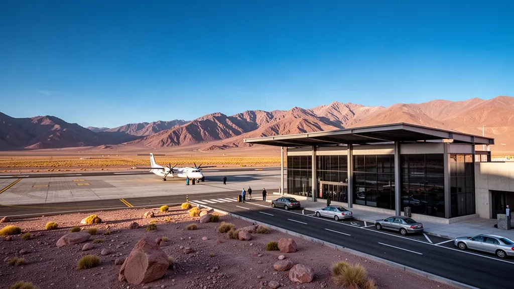 Terminal und Start- und Landebahn des Flughafens Ricardo García Posada vor der Wüstenlandschaft der Anden in der chilenischen Region Atacama zur goldenen Stunde