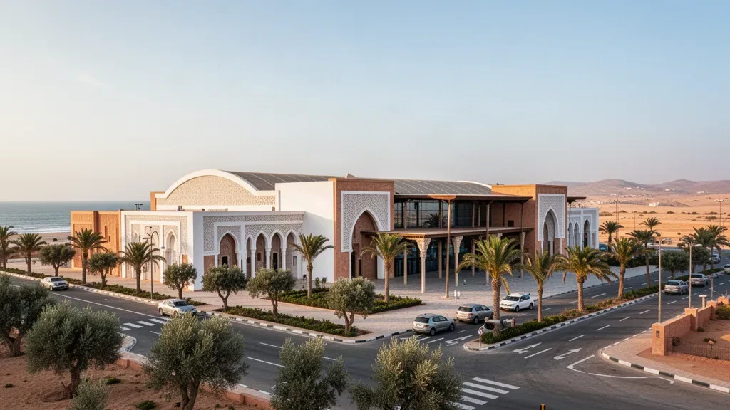 Bâtiment terminal de style marocain et place d'entrée bordée de palmiers à l'aéroport d'Essaouira-Mogador sous une chaude lumière côtière