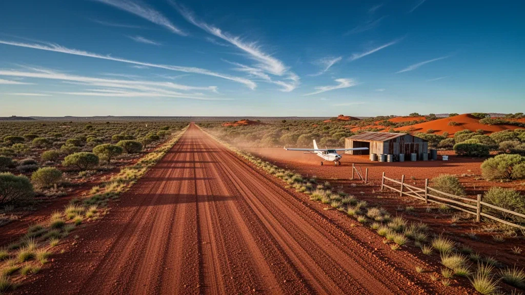 Pista remota del Outback en el aeropuerto de Etadunna, en Australia Meridional, con una pista de grava roja, llanuras desérticas y una aeronave ligera durante la hora dorada