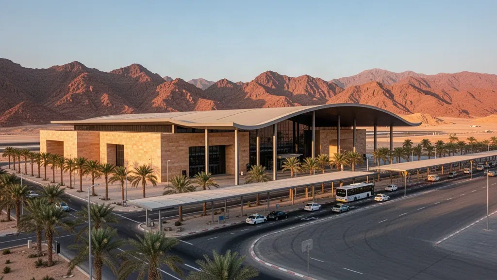 Stone-clad terminal and desert forecourt at Ramon International Airport near Eilat, Israel at golden hour