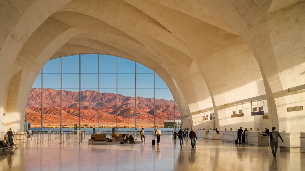 Ramon International Airport ETM terminal interior with arched limestone architecture and desert mountains visible through glazing