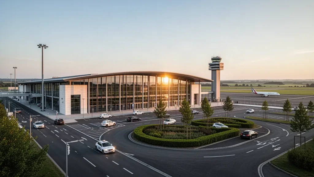 Modernes Glasterminal und Abholspuren am Flughafen Metz-Nancy-Lorraine im warmen Licht der goldenen Stunde