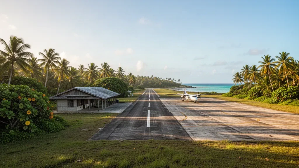 Small tropical island runway and terminal at Kaufana Airport on Eua, Tonga, framed by palms and Pacific coastline at golden hour