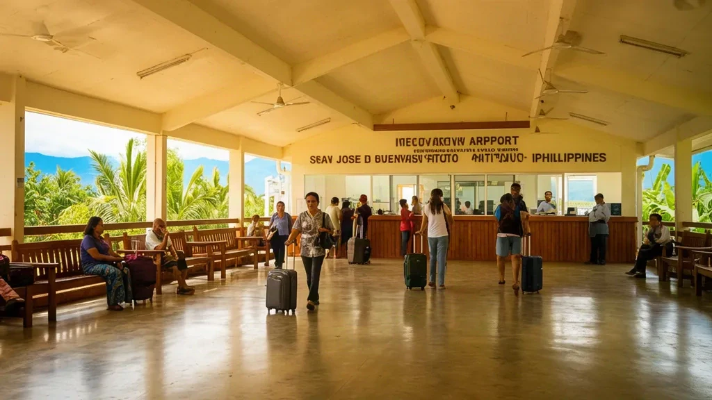 Passengers inside the bright terminal of Evelio Javier Airport in Antique, Philippines.
