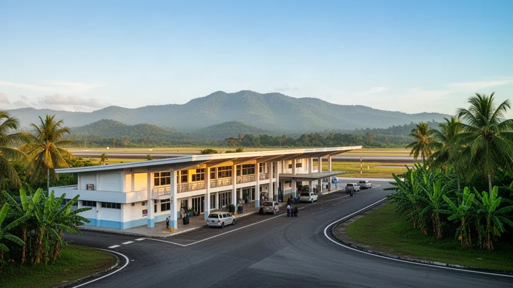 Terminal provincial tropical y carril de descenso en la acera del Aeropuerto Evelio Javier en Antique, Filipinas
