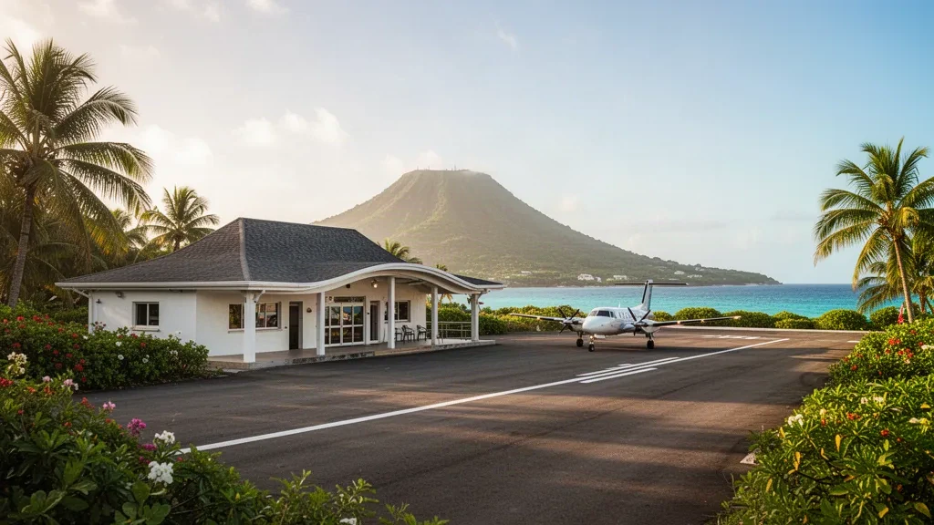 Terminal de poca altura y plataforma en el Aeropuerto F. D. Roosevelt en Sint Eustatius, rodeados de vegetación tropical y luz caribeña dorada
