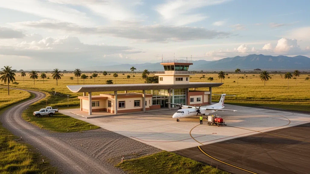 Petit terminal régional et aire de stationnement à l'aéroport de Paratebueno, dans les plaines des Llanos en Colombie, sous une douce lumière de fin d'après-midi