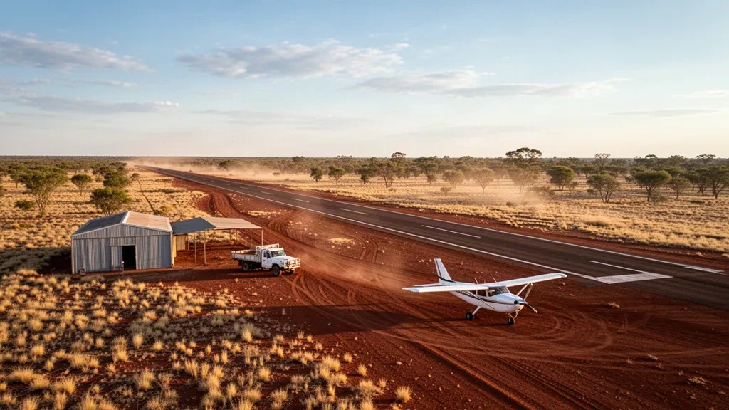 Piste d'atterrissage isolée de l'Outback dans le Territoire du Nord à l'aéroport d'Eva Downs, avec terre rouge, plaines de spinifex, un petit hangar et un avion léger dans une lumière dorée.