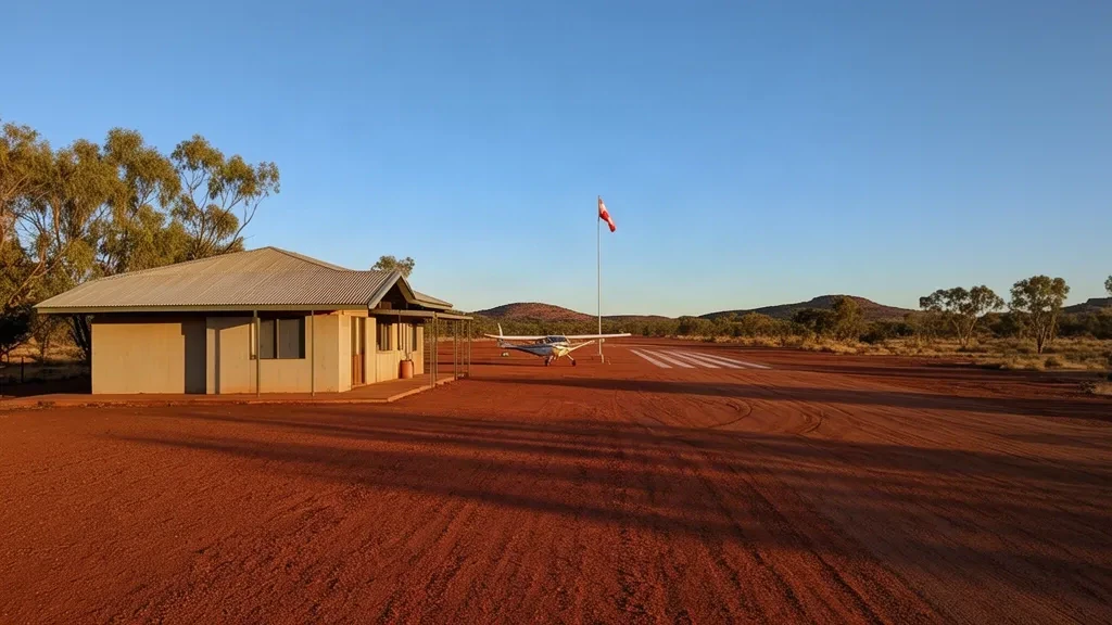 Remoto terminal dell'outback e pista sterrata dell'aeroporto di Eva Downs EVD nel Territorio del Nord, Australia, con un aereo leggero sotto un cielo limpido.