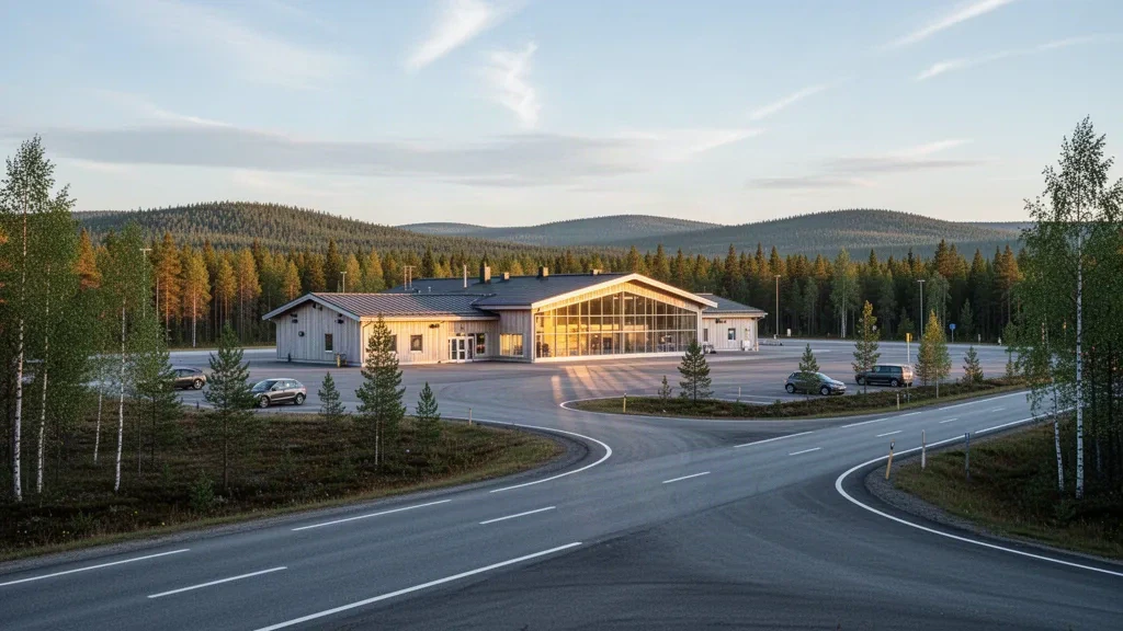 Terminal d'aéroport régional à Sveg dans le Härjedalen, en Suède, avec un bâtiment bas en bois et verre le long d'une route d'accès tranquille et d'une forêt boréale