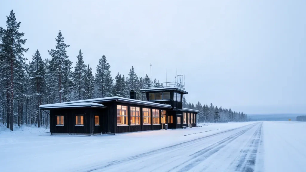 Bâtiment terminal de l'aéroport de Sveg en hiver avec un sol enneigé et une forêt de pins, Härjedalen, Suède.