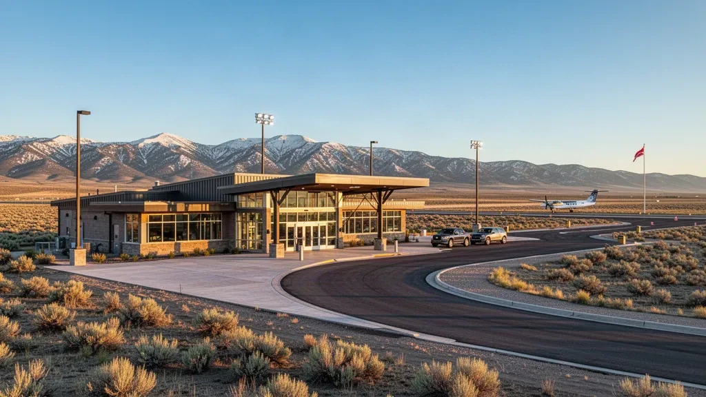 Terminal de l'aéroport Evanston-Uinta County-Burns Field avec les monts Uinta et une lumière dorée dans le Wyoming.