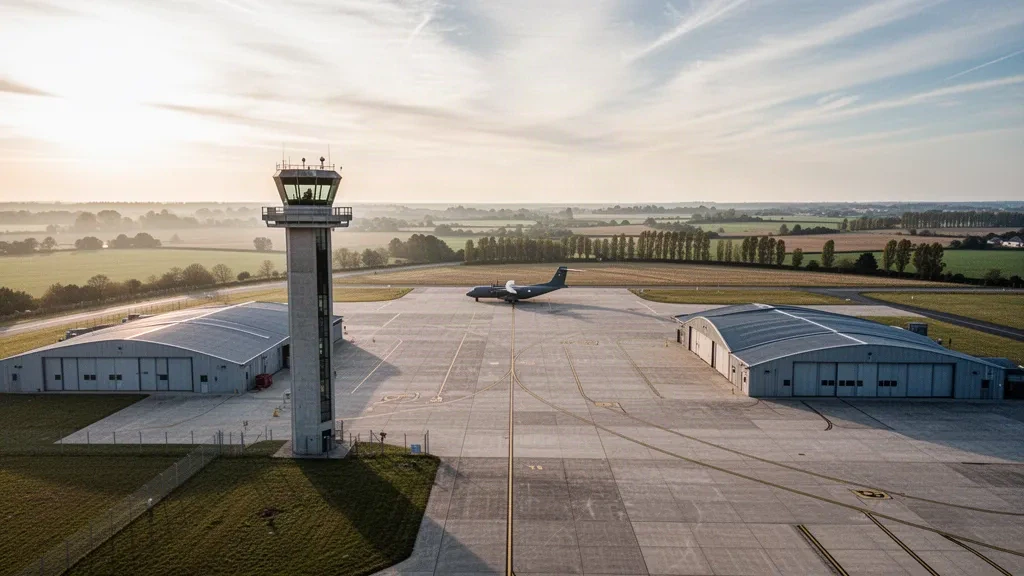 Évreux-Fauville Air Base in Normandy with concrete apron, hangars and control tower in golden-hour light