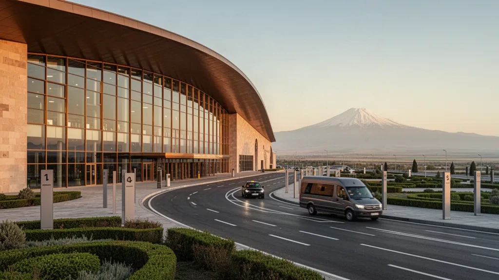 Erivan'daki Zvartnots Uluslararası Havalimanı'nda modern cam terminal ve indirme şeritleri, ufukta altın saatte Ağrı Dağı.