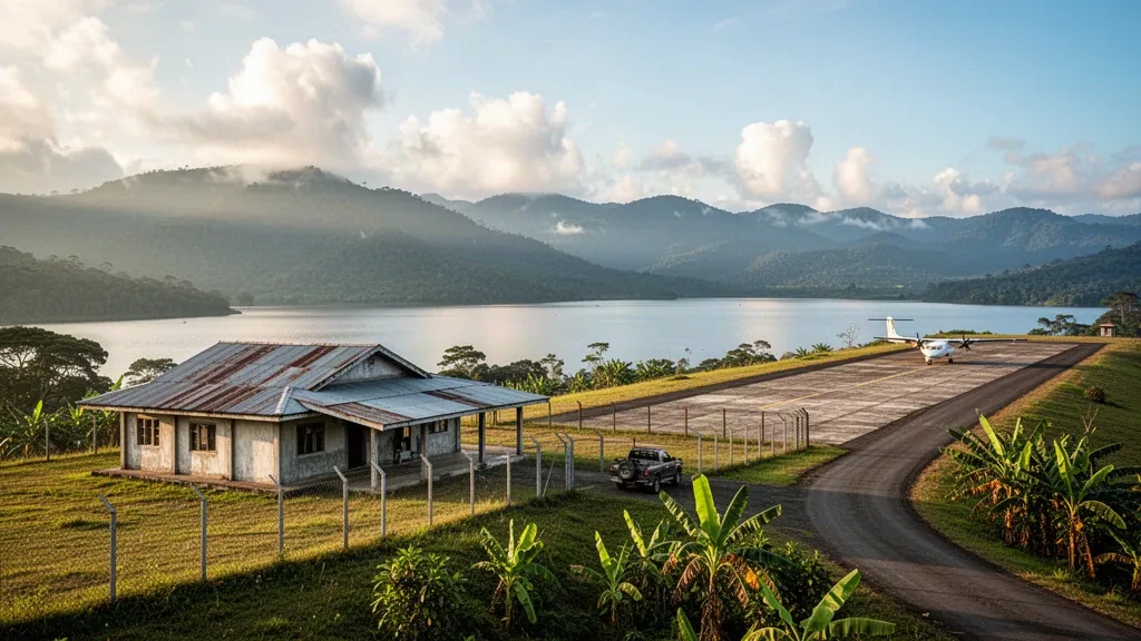 Small highland terminal, runway and parked turboprop at Enarotali Airport in Paniai, Central Papua, framed by misty mountains