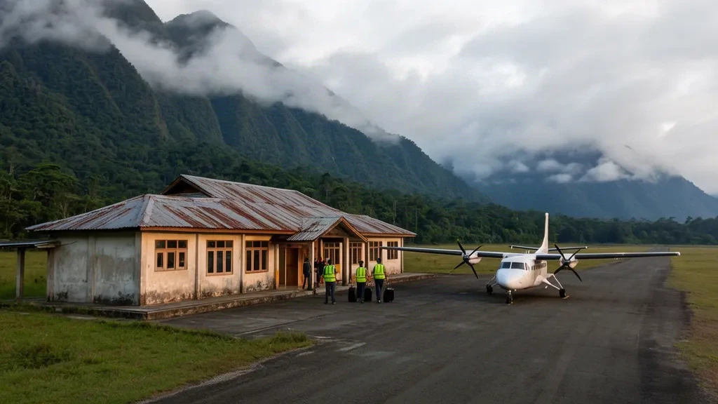 Enarotali Airport EWI terminal and apron in the Papuan highlands with a small turboprop aircraft and misty mountains behind