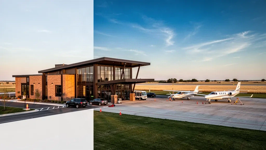 Terminal moderna de cristal y plataforma de aeronaves en el aeropuerto de Newton City-County, Kansas, bajo una cálida luz de hora dorada