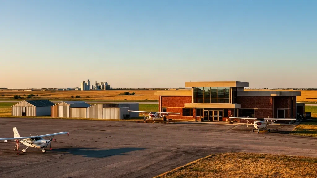 Vista exterior de la terminal de aviación general del aeropuerto de Newton City-County en Kansas, con aeronaves ligeras aparcadas en la plataforma durante la hora dorada.