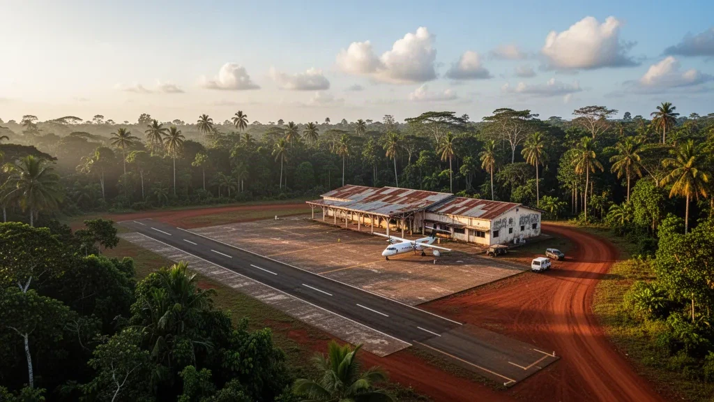Ewo Airport in the Republic of the Congo: a small tropical airfield with a rain-forest-lined runway and modest terminal in warm golden light