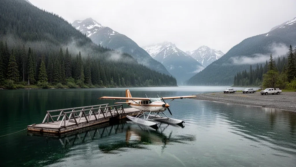 Idrovolante ormeggiato al molo in legno di Excursion Inlet Seaplane Base in Alaska, incorniciato da creste fjord boscose e nebbiose