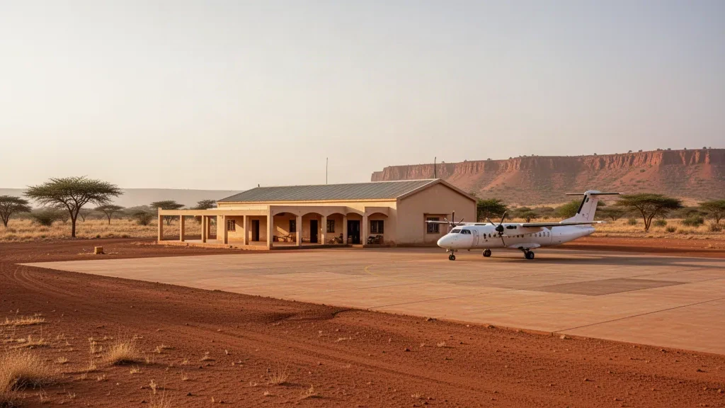 Bâtiment terminal bas et tarmac poussiéreux à l'aéroport de Yélimané au Mali, avec un petit avion stationné sous la lumière chaude de l'après-midi sahélien