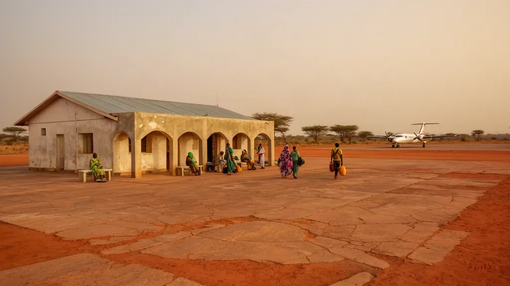 Bâtiment terminal bas d'un seul niveau à l'aéroport de Yélimané au Mali, avec un tarmac poussiéreux et délavé par le soleil et un paysage sahélien brumeux en arrière-plan