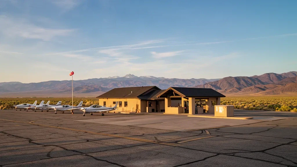 Nevada'nın Mason Valley bölgesindeki Yerington Municipal Havaalanı'nda küçük genel havacılık apronu ve terminal binası