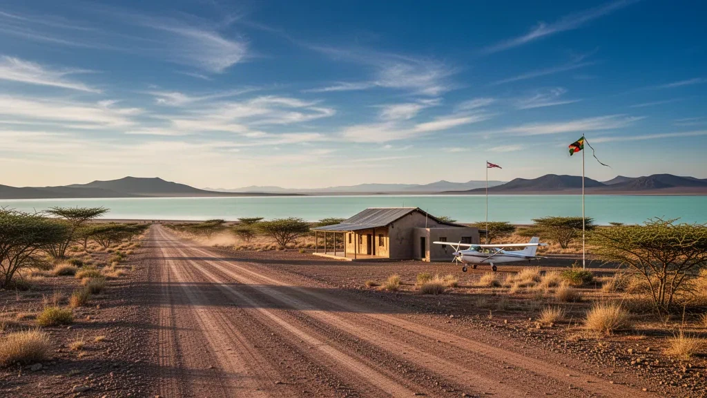 Piste en gravier et paysage semi-aride à l'aéroport d'Eliye Springs près du lac Turkana, au Kenya, sous une chaude lumière dorée.