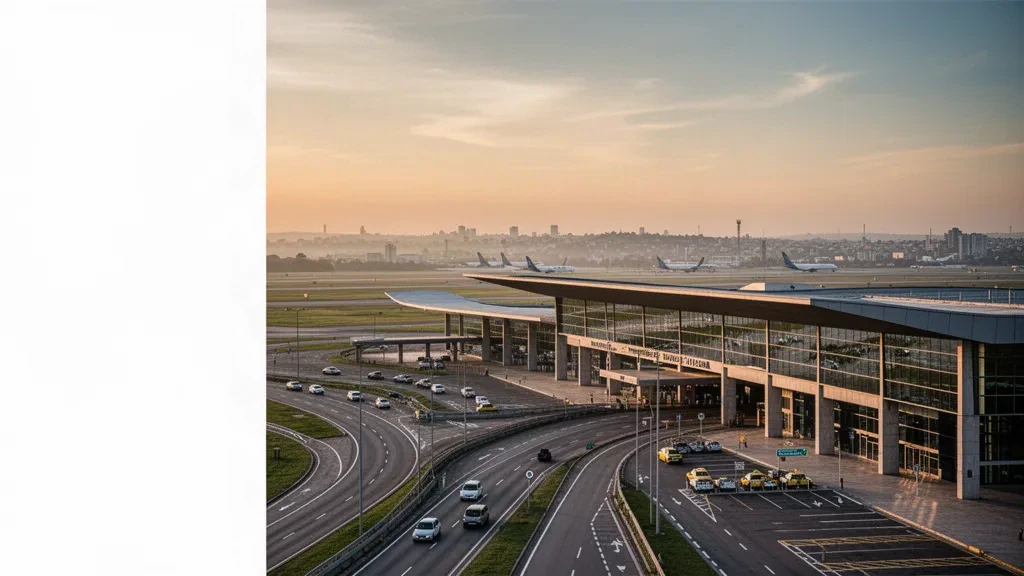 Modern glass terminal and drop-off lanes at Ministro Pistarini International Airport in Buenos Aires at golden hour