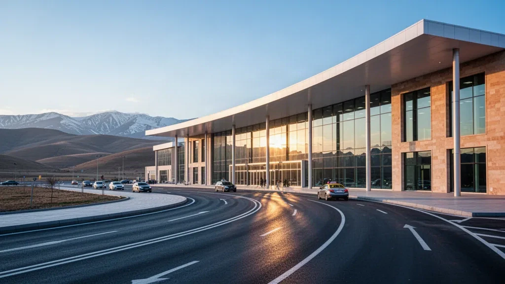 Modern glass terminal exterior at Elazığ Airport in Turkey at golden hour, with drop-off lanes and mountains behind