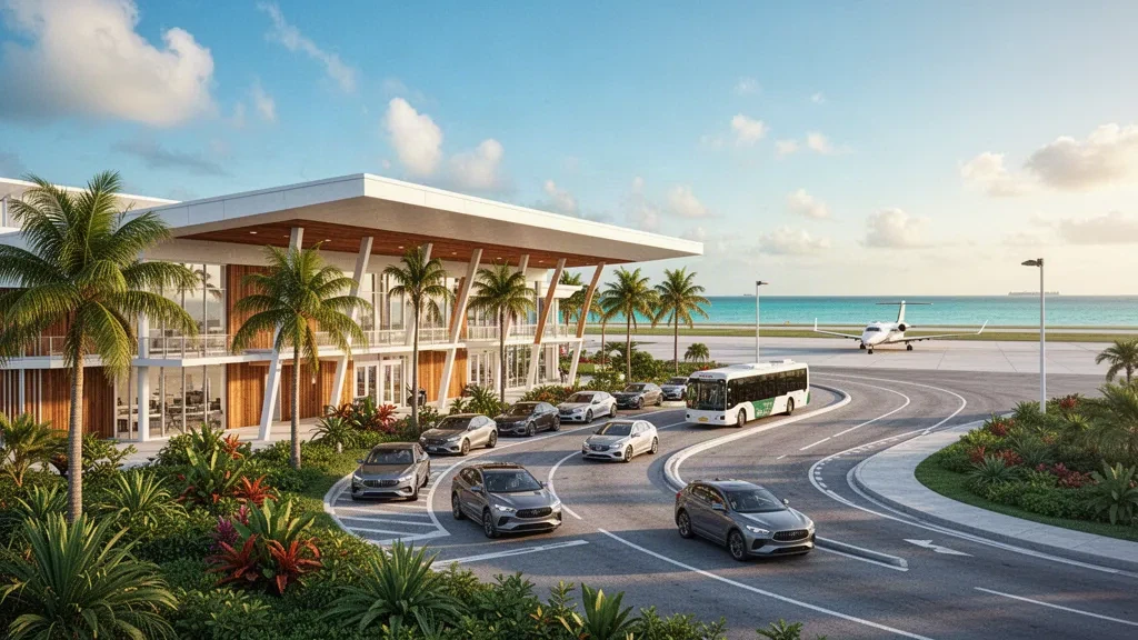 Key West Uluslararası Havalimanı'nda palmiye ağaçları, bir pist ve altın saat gün ışığıyla modern tropikal terminal binasının dış görünümü.