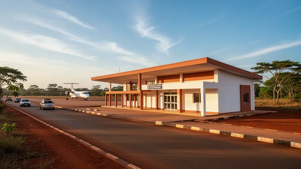 Vue chaleureuse d'un après-midi sur le terminal de l'aéroport de Faranah en Guinée, avec une végétation tropicale et un avion régional sur le tarmac.