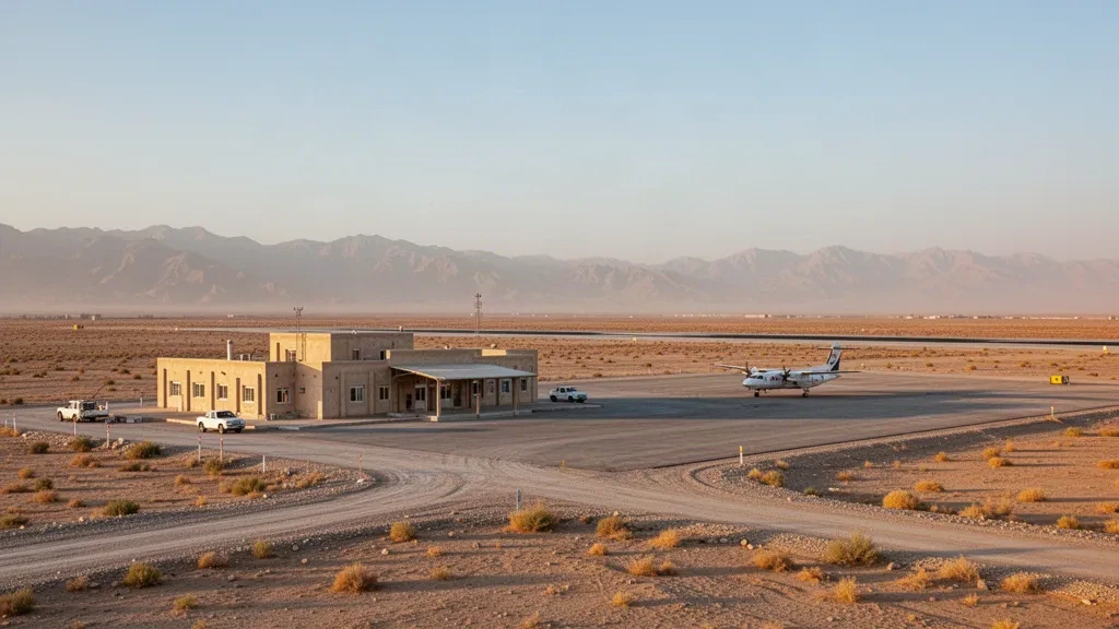 Aeropuerto de Farah en Afganistán con su baja terminal, plataforma polvorienta y pista en el desierto bajo un cielo despejado del suroeste