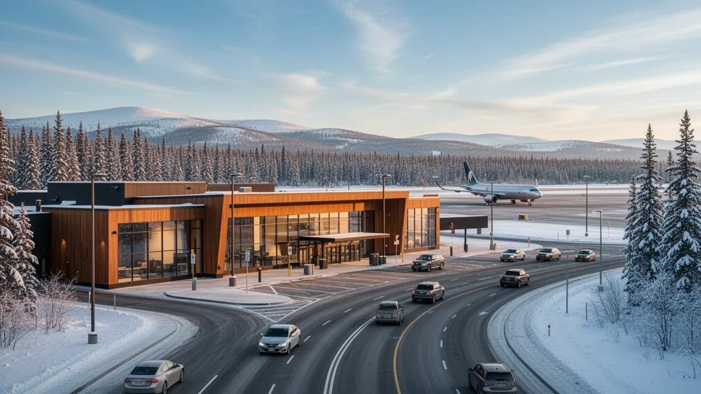 Terminal baja de madera y cristal en el Aeropuerto Internacional de Fairbanks, rodeada de un bosque de abetos cubierto de nieve bajo una luz dorada de invierno.