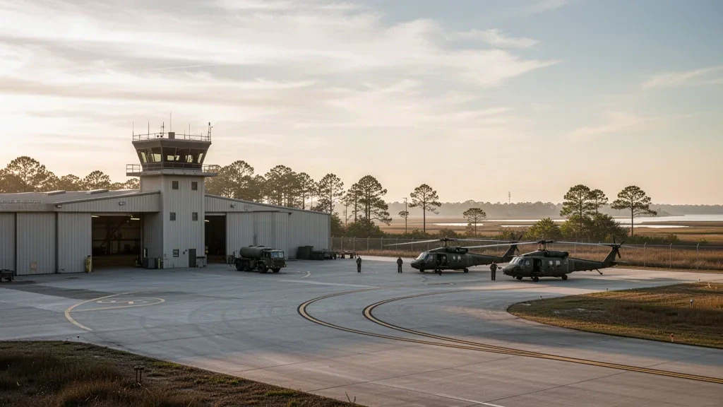 Elicotteri color oliva parcheggiati sul piazzale sotto la torre di controllo presso Felker Army Air Field a Fort Eustis, Virginia, nella luce dell'ora d'oro