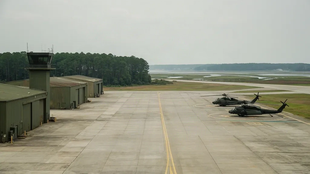 Elicotteri utilitari parcheggiati sul piazzale presso Felker Army Air Field, Fort Eustis, Virginia, con hangar e linea di alberi sotto la luce mattutina coperta