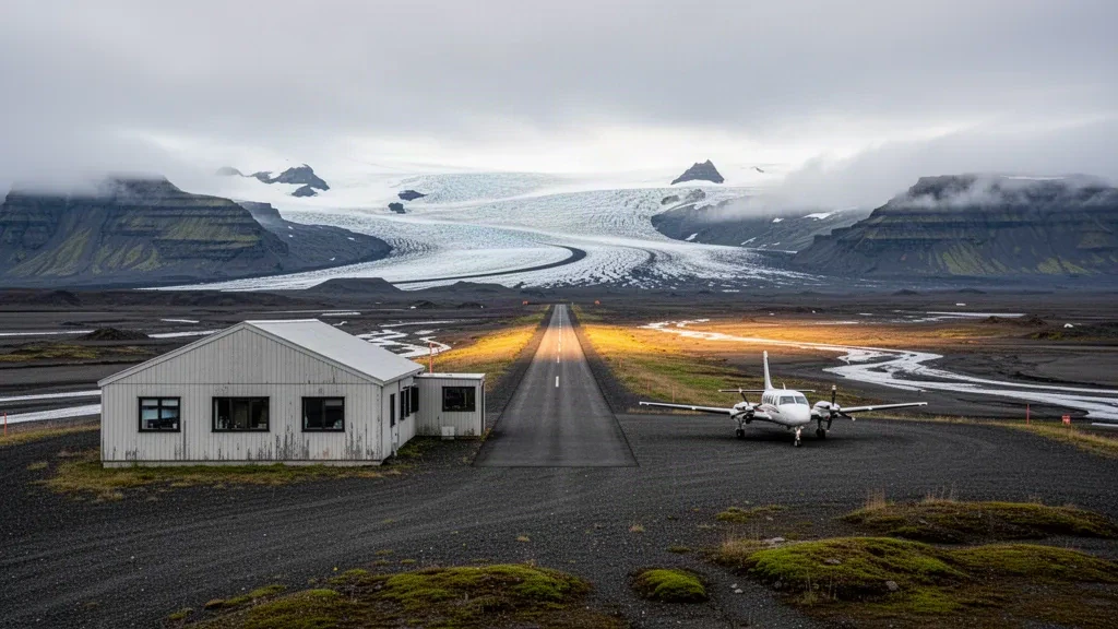 Schotterpiste und kleines Flugplatzgebäude am Flughafen Fagurhólsmýri im Südosten Islands, mit dem Gletscher Vatnajökull unter bedecktem Himmel.