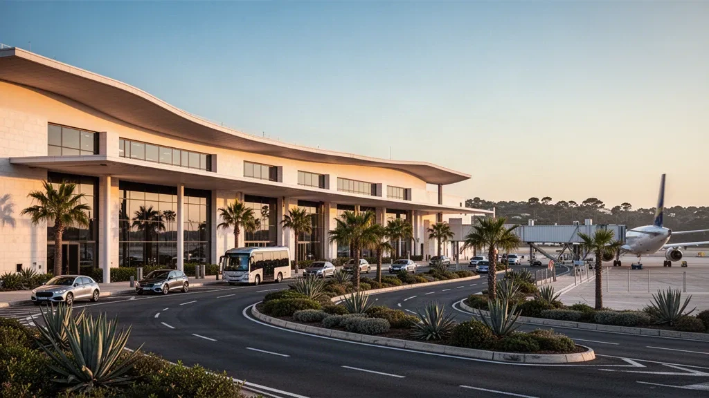 Modern terminal exterior and drop-off lanes at Faro - Gago Coutinho International Airport in the Algarve, Portugal