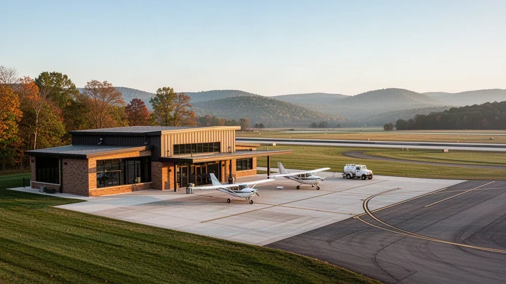 Terminal moderna de cristal y plataforma pavimentada en el aeropuerto regional de Farmington, Misuri, a la hora dorada, con las verdes colinas de Ozark más allá de la pista