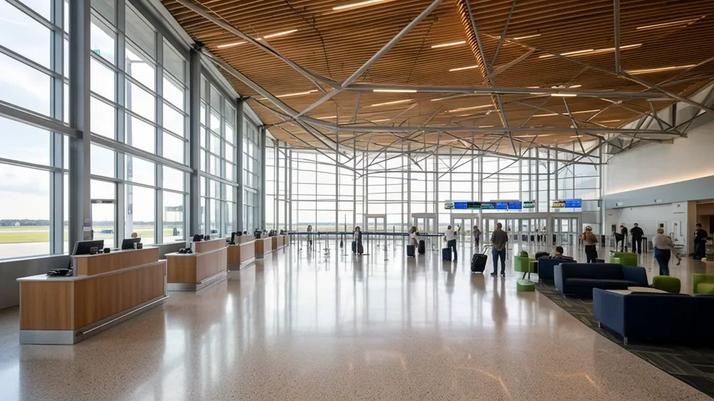 Sunlit departure hall interior at Hector International Airport in Fargo, North Dakota, with travellers and luggage