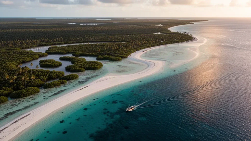 Luftaufnahme der türkisfarbenen Flächen, Mangroven und des Barriereriffs entlang der Küste von Zentral-Andros auf den Bahamas