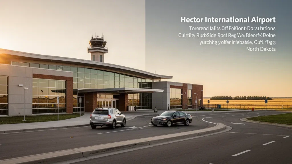 Terminal moderne en verre et tour de contrôle à l'aéroport international Hector à Fargo, Dakota du Nord, baignés dans la lumière dorée du coucher du soleil.