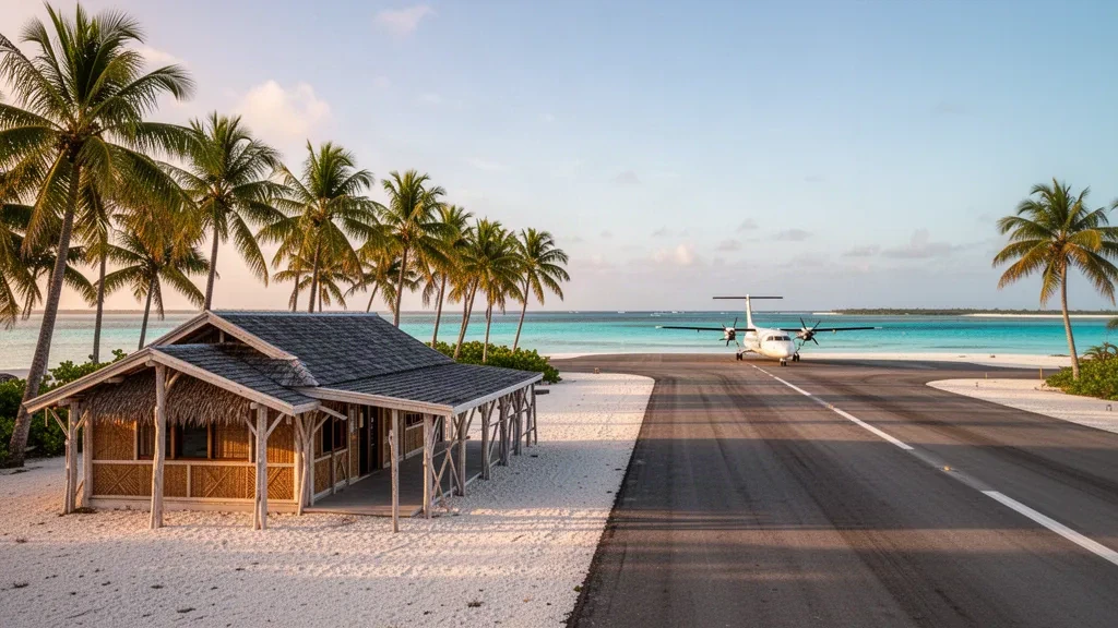Kleines tropisches Terminal und palmengesäumte Start- und Landebahn am Flughafen Fakarava in Französisch-Polynesien neben der türkisfarbenen Lagune