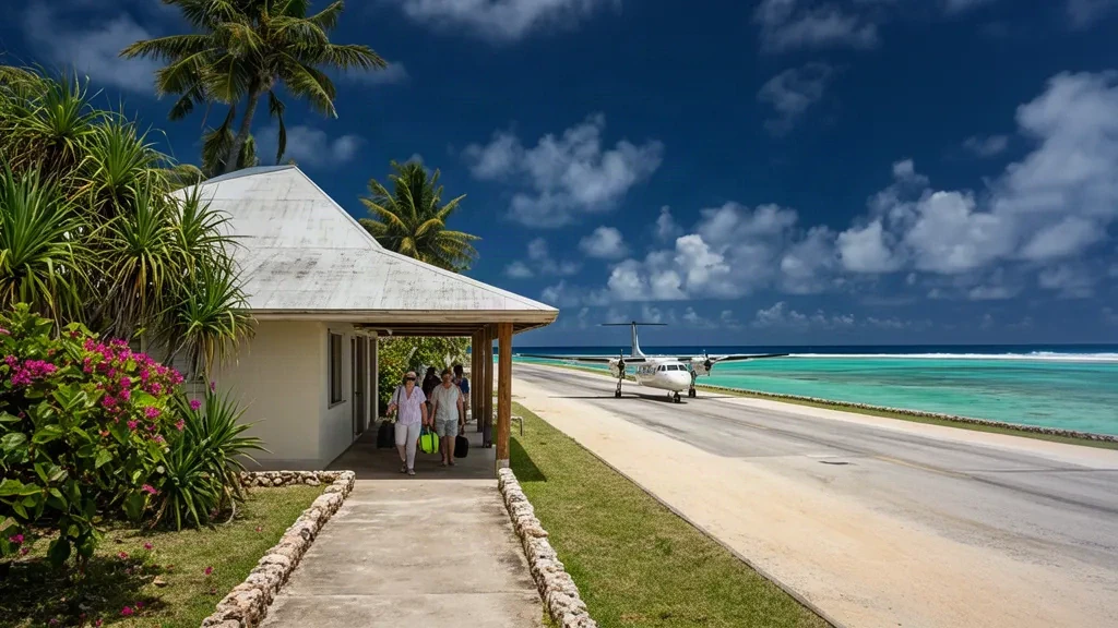 Terminal de l'aéroport de Fakarava et passerelle à ciel ouvert sur un atoll des Tuamotu, avec lagon turquoise et palmiers à l'horizon
