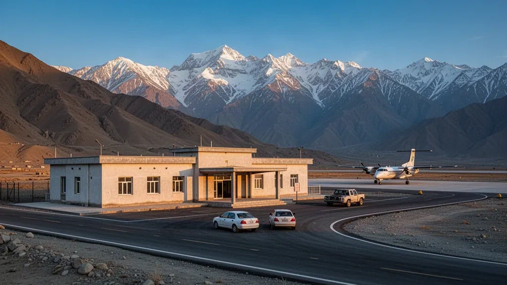 Terminal et tarmac de l'aéroport de Fayzabad encadrés par les montagnes enneigées de l'Hindu Kush dans le Badakhshan, en Afghanistan