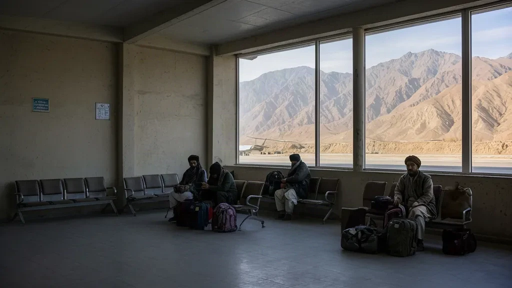 Interno del terminal dell'aeroporto di Fayzabad FBD in Afghanistan con una semplice sala partenze e viste sulle montagne attraverso le finestre.